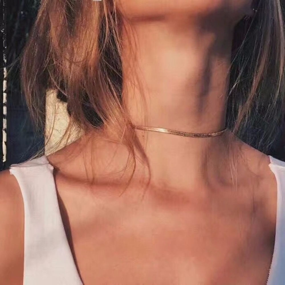 Flat Snake Gold Chain Minimalist Choker Necklace - Picture 3 of 8